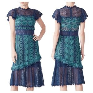SEA NEW YORK Lola Lace Dress Teal Navy Crocheted Midi 10